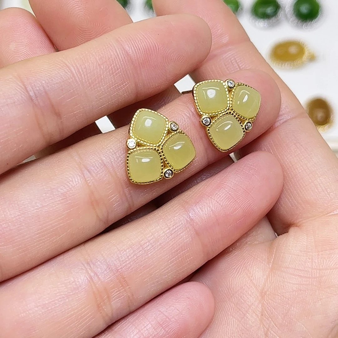 和田玉银S925镶嵌耳饰