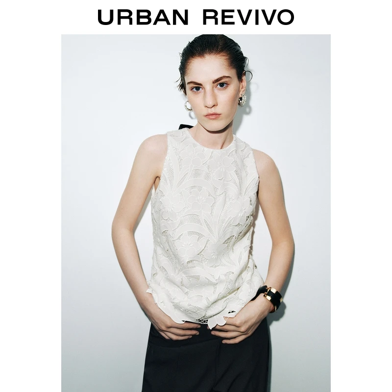 UR2025秋季新款女花卉蕾丝刺绣蝴蝶结无袖罩衫衬衫UWG250211