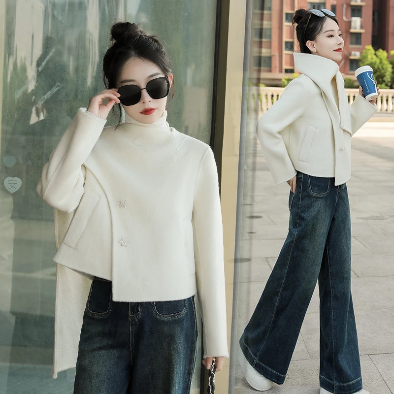 2025新款双面长毛羊毛大围巾两穿配星钻扣轻奢定制款羊毛呢短外套