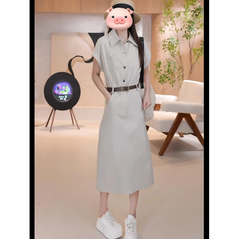 香朵儿设计感百搭纯色中长裙女2025年夏季新款女装水上百搭连衣裙