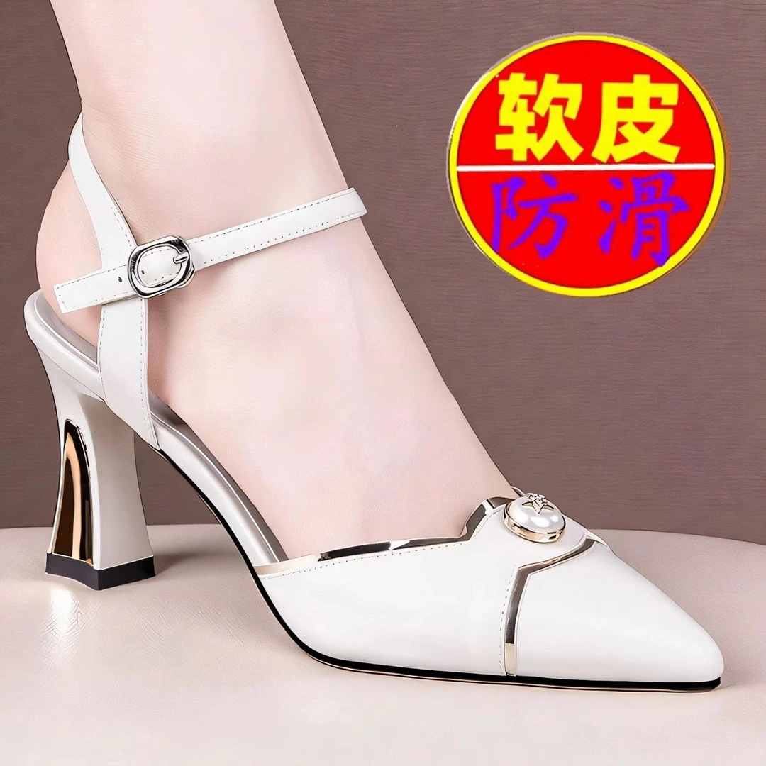 真软皮包头凉鞋夏季2025新款时尚外穿配裙子一字带尖头粗跟高跟鞋