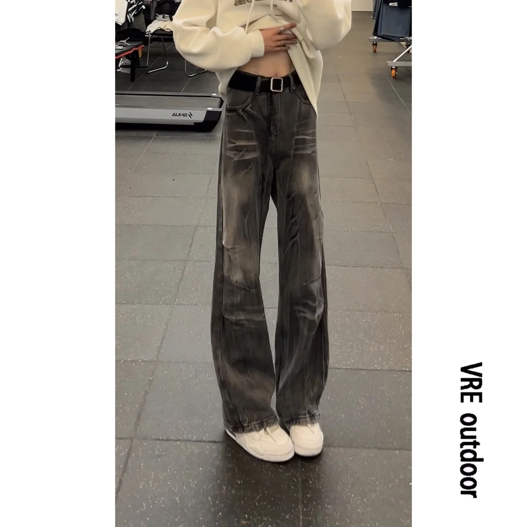 美式街头做旧闪电爆裂纹牛仔裤男夏季宽松直筒百搭cleanfit长裤子