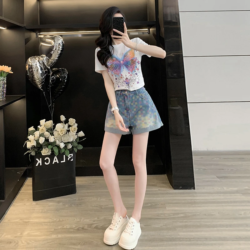 女装夏装套装2025新款爆款蝴蝶印花烫钻圆领时尚短袖T恤牛仔短裤