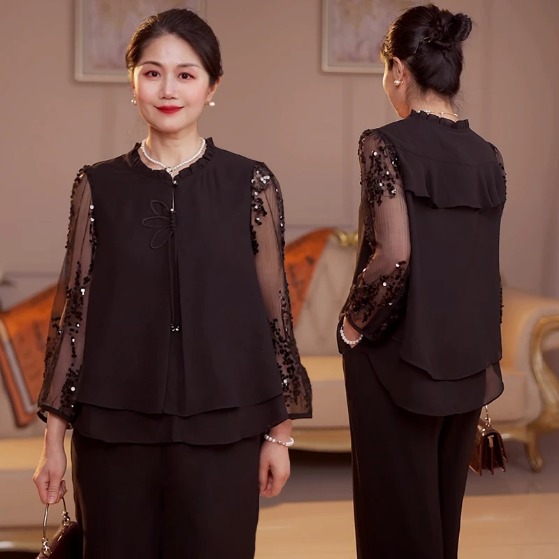 时尚妈妈装春夏季新款套装50岁中年人洋气大码新款上衣裤子两件套