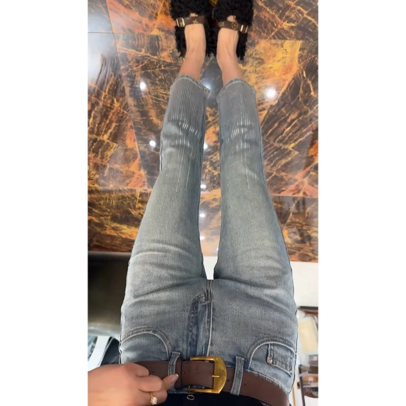 Aimeerosa/艾洛莎牛仔裤高腰显瘦八分裤春季潮流时尚烫钻烟管裤女