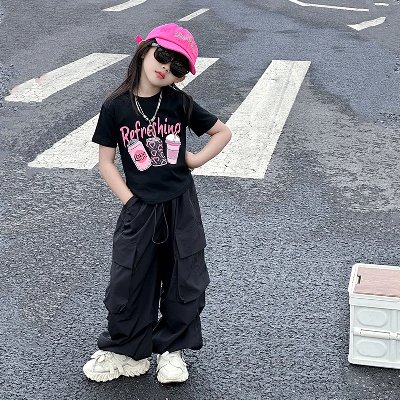 超酷女童穿搭套装2025新款女大童夏季美式t恤儿童夏装黑色工装裤9