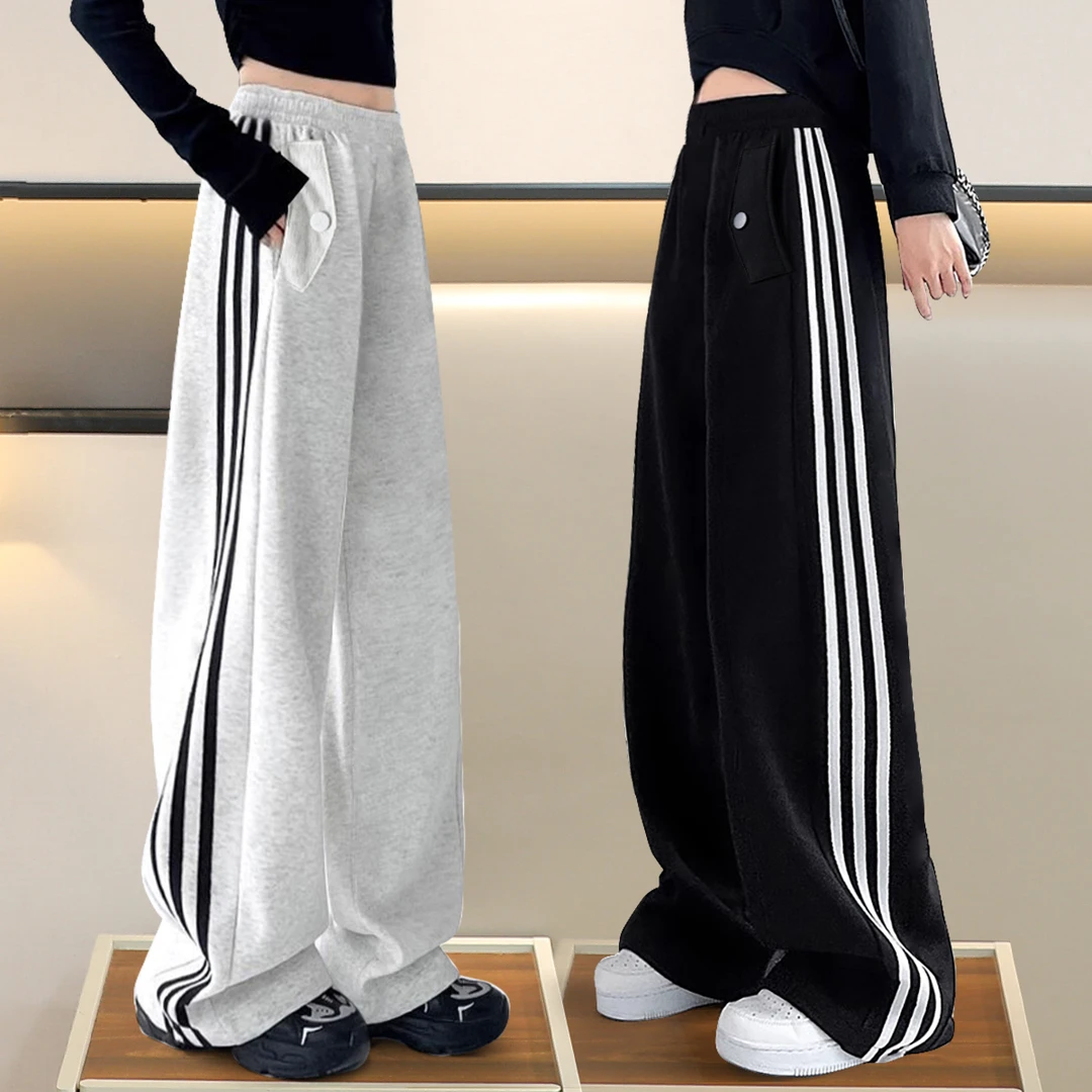 女童裤子秋冬款直筒阔腿裤冬季加绒加厚中大童秋装美式运动休闲裤