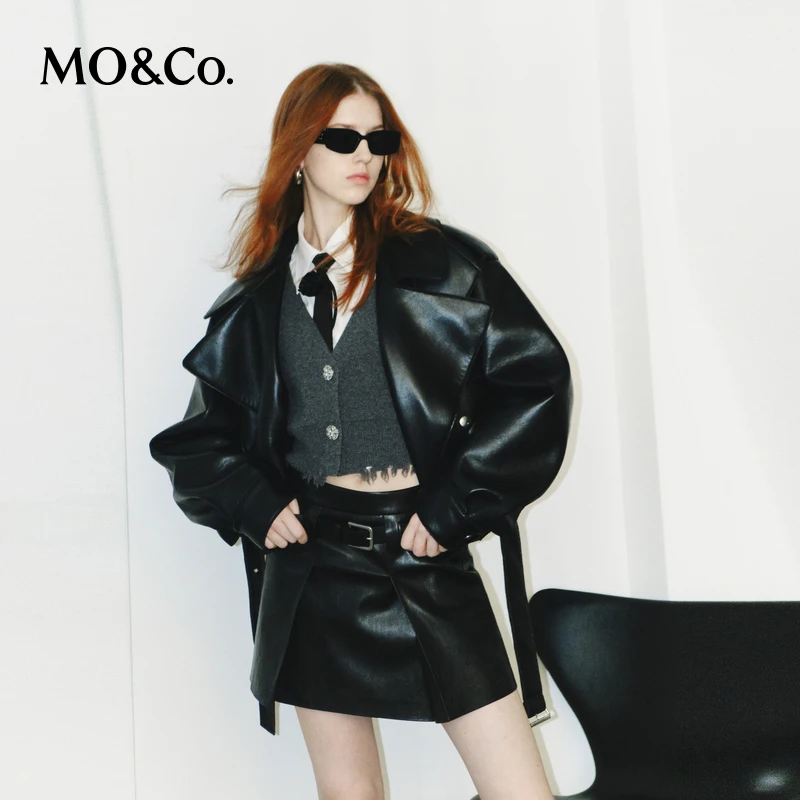 【达人专属】MOCO摇滚素皮斜襟宽领腰带造型夹克外套MBD1JKT003
