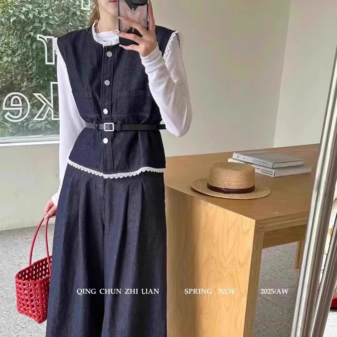 2025春季新款蕾丝拼接时尚套装女牛仔马甲+打底衫+阔腿裤三件套