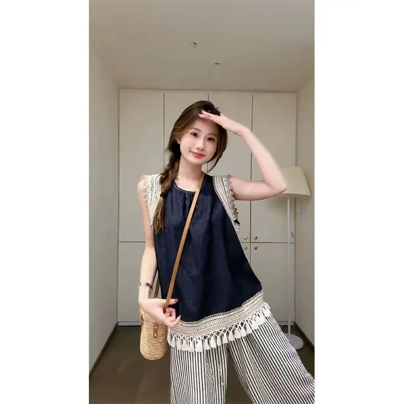 高级感休闲时尚套装2025夏季新款设计感圆领流苏牛仔背心阔腿裤女