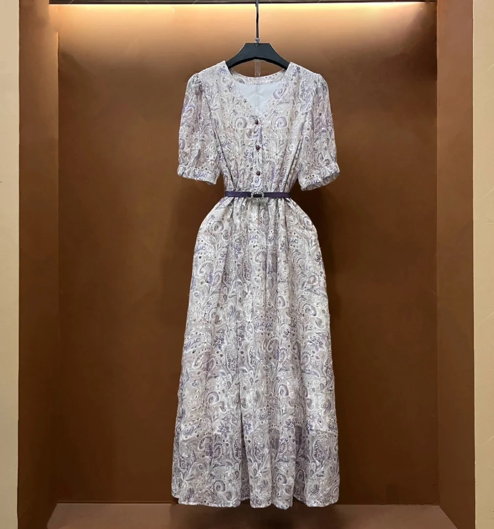 深圳南油-天丝麻腰果花紫色腰带连衣裙K12