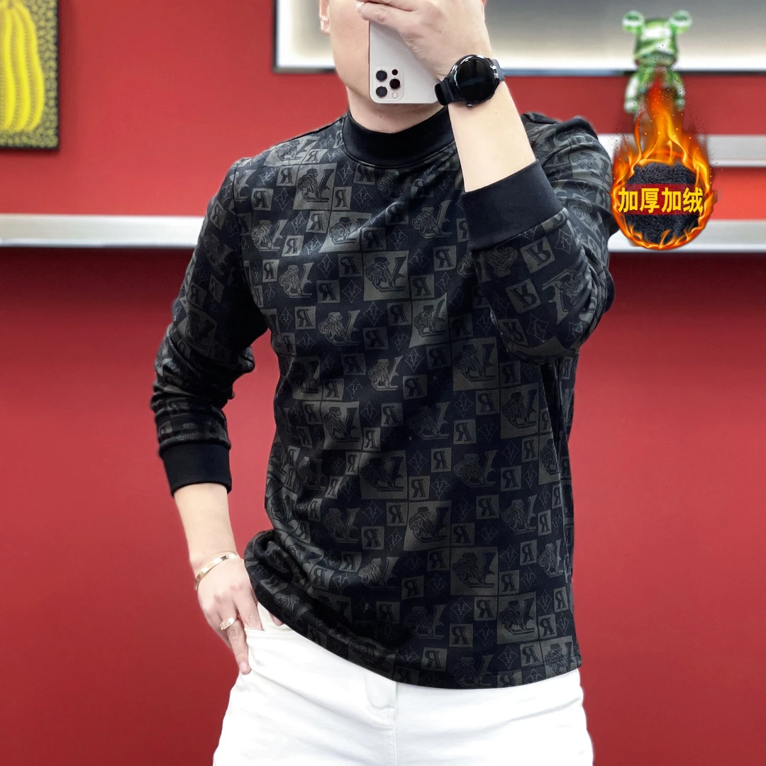 2025冬季长袖潮流休闲百搭时尚字母加绒加厚男士保暖打底卫衣