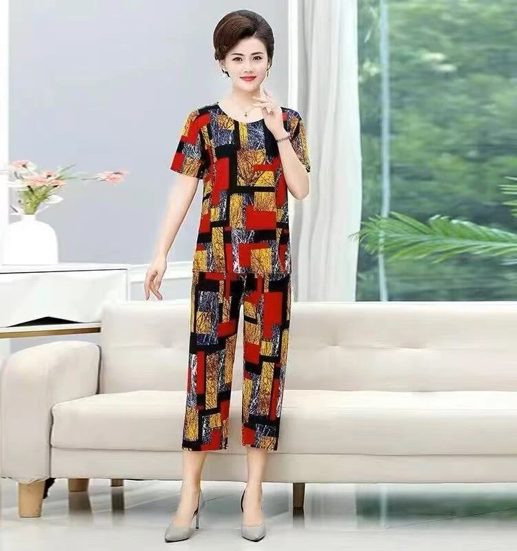 1243-女装夏季短袖套装妈妈装夏装老年人夏天休闲两件套
