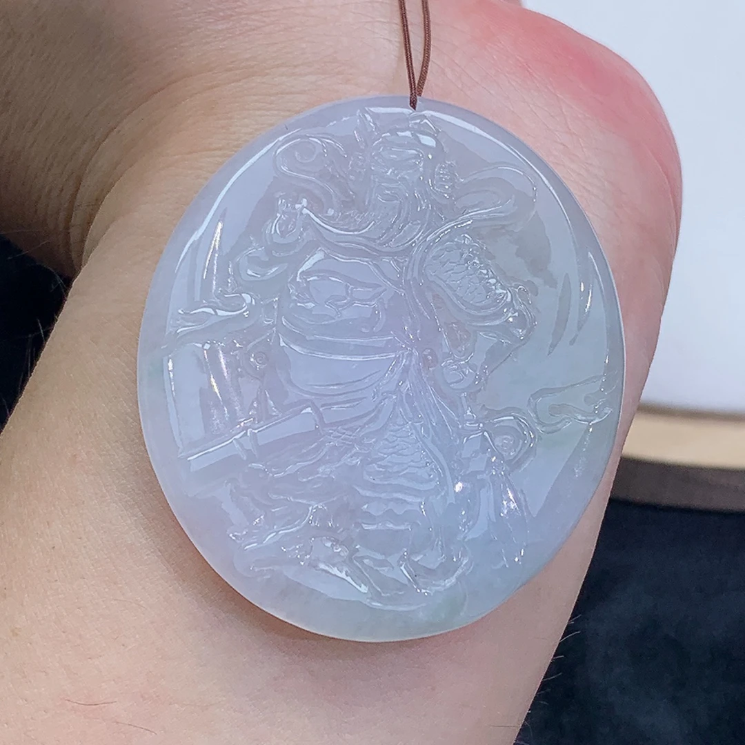 精雕 飘绿 关公 关二爷 吊坠 挂坠 25.83g 缅甸天然A货翡翠玉石