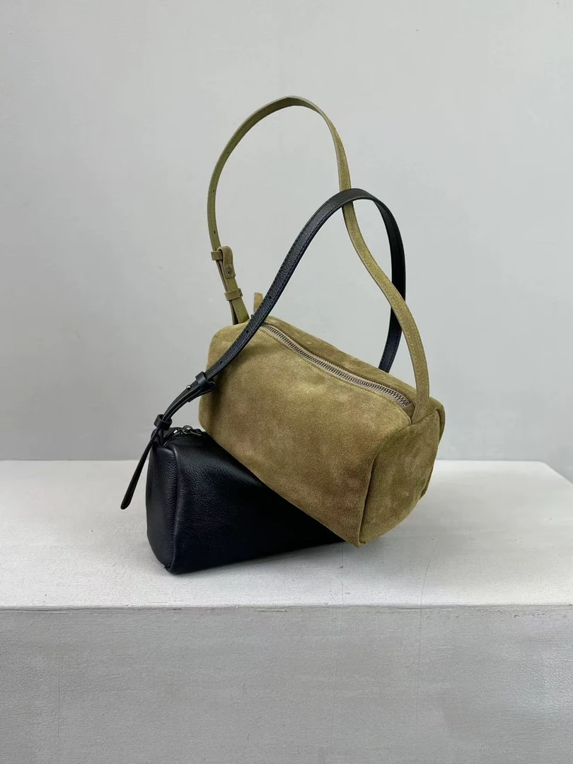 头层磨砂牛皮圆筒包保龄球腋下包枕头包手提包吐司包单肩斜挎包女