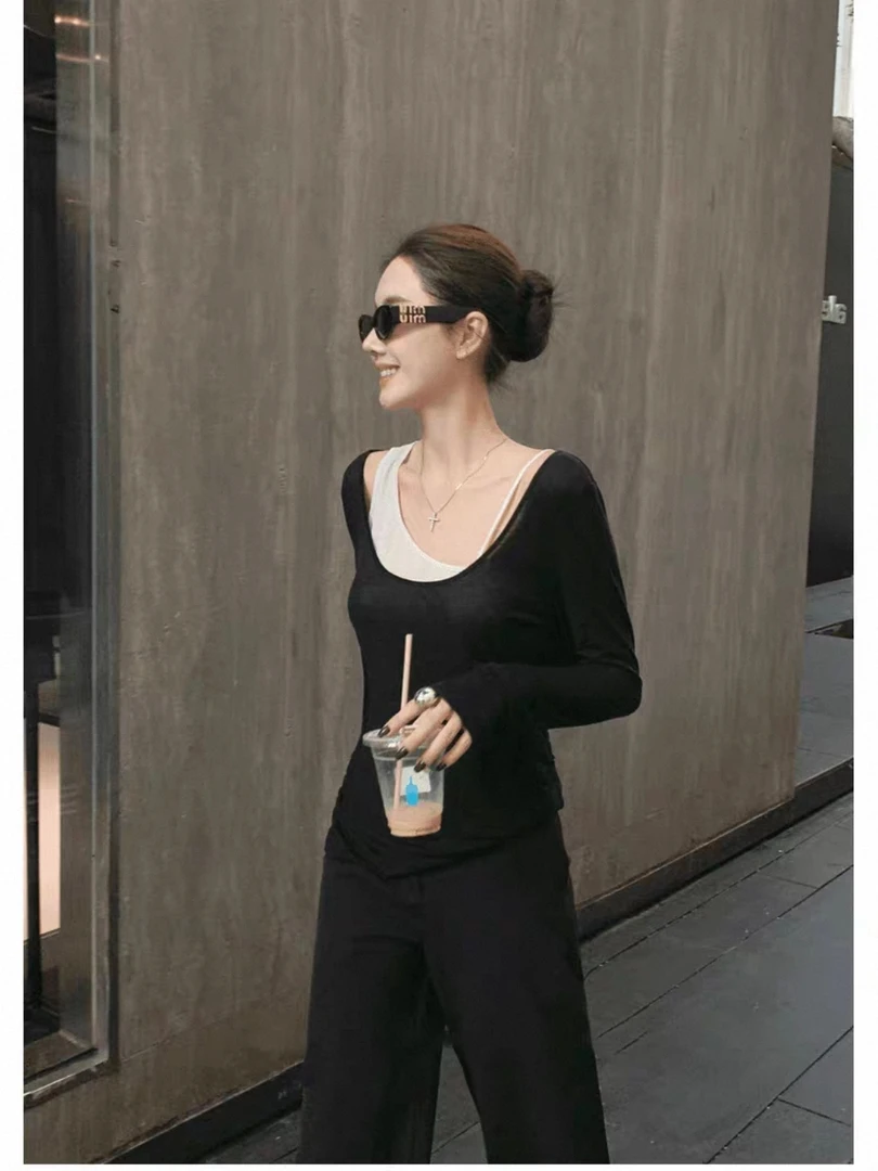 黑色辣妹V领长袖两件套T恤上衣配直筒百搭休闲裤套装