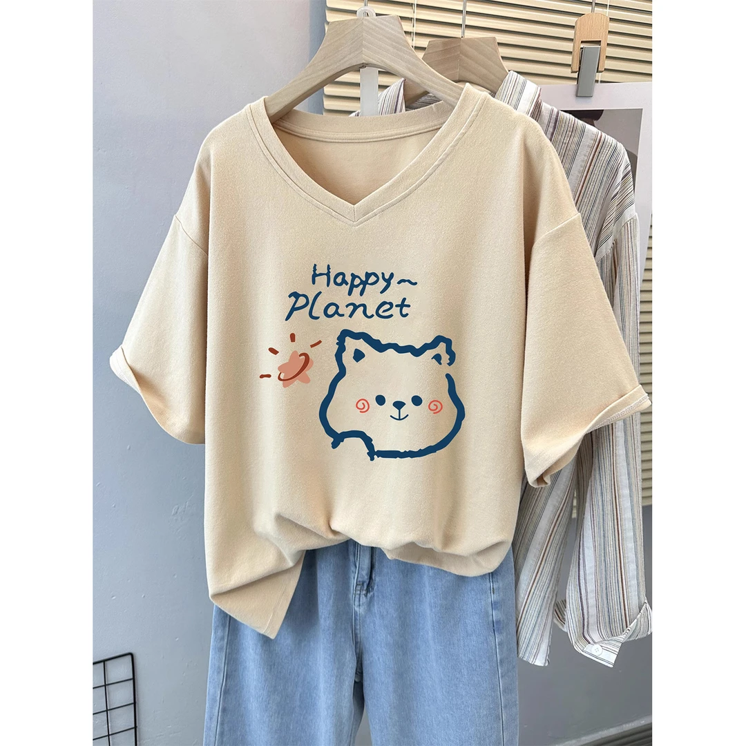 夏季宽松oversize潮牌V领短袖t恤女装休闲百搭显瘦遮肚大码上衣服