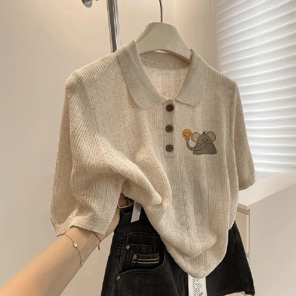 日系超火小象印花设计感冰丝针织T恤女2025夏季独特减龄百搭上衣