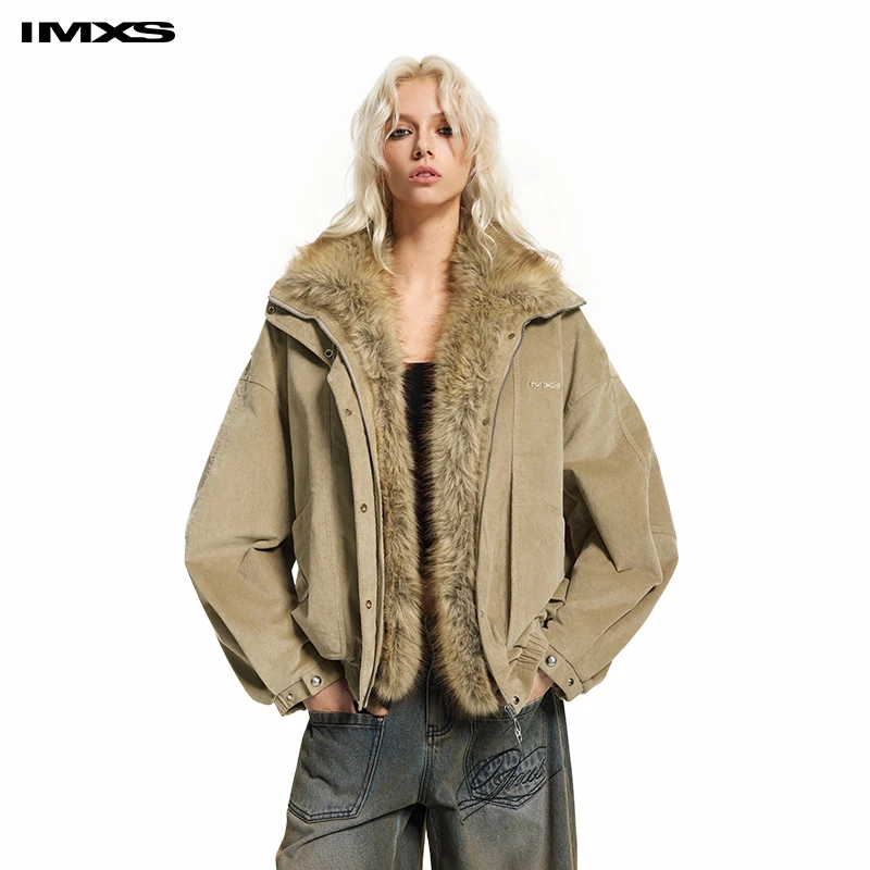 IMXS可拆卸毛领棉服卡其色植绒加棉夹克保暖厚外套男女款25年新款