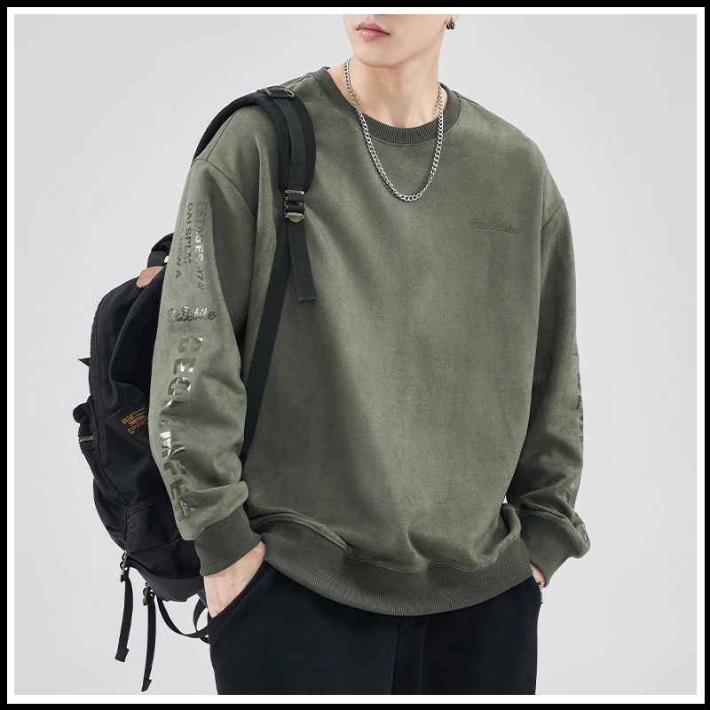 鹿皮绒卫衣男士2025秋季新款潮牌印花上衣男生休闲宽松运动长袖衫