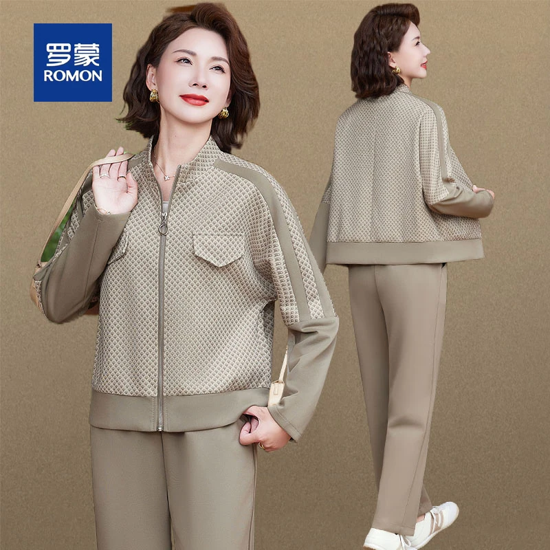 罗蒙中老年外套女春秋季运动服上衣两件套时尚50多岁妈妈秋装套装