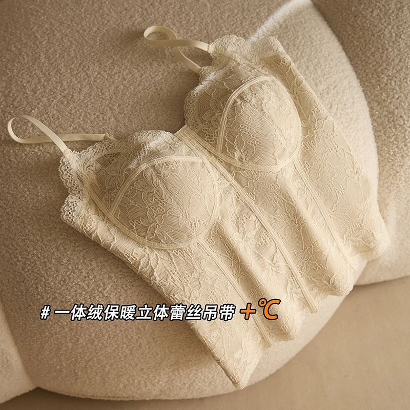提未苏秋冬磨毛蕾丝吊带背心带胸垫修身显瘦2025新款内搭打底上衣