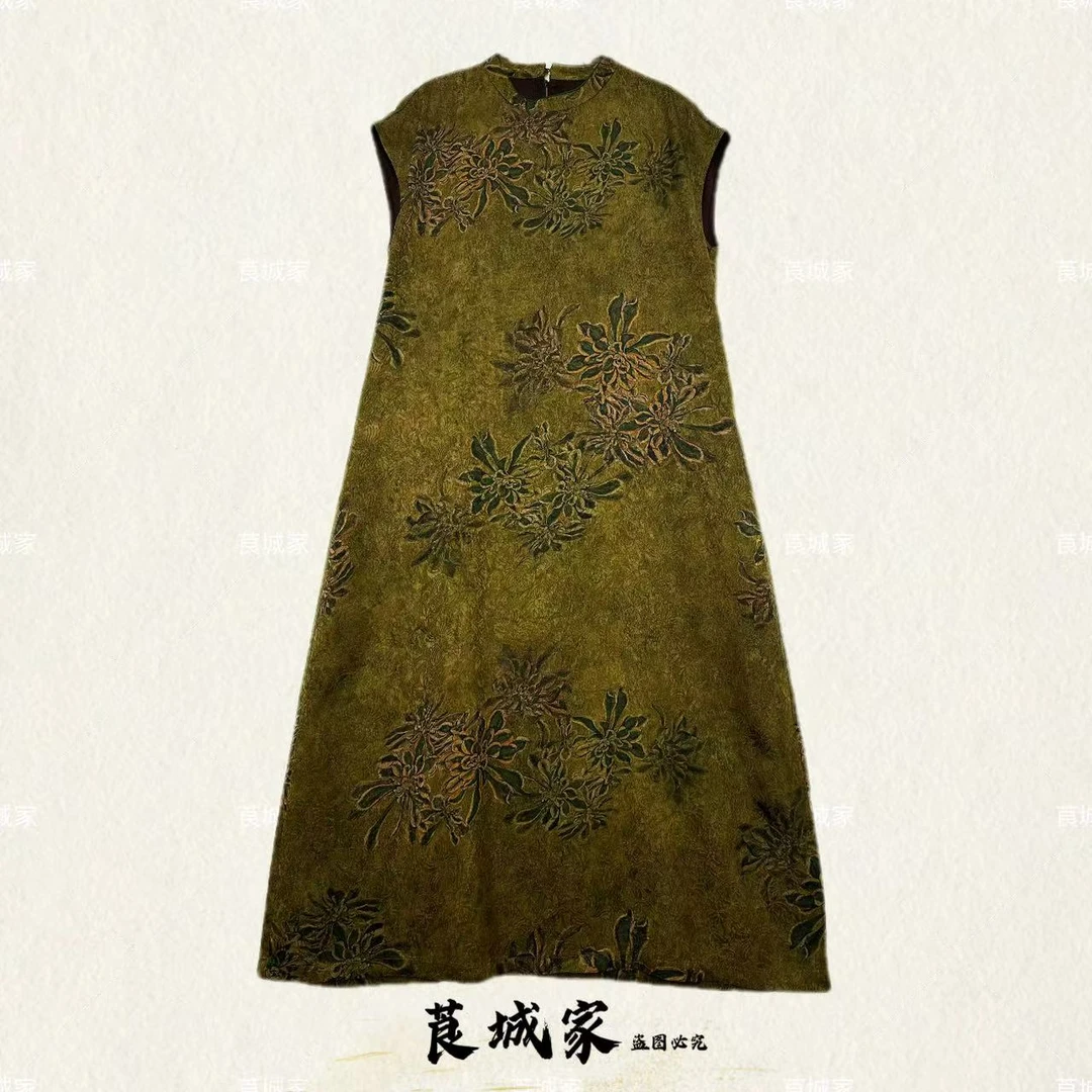 Q1975 金边吊兰 国风款圆领飞飞袖提花遮肉显瘦连衣裙