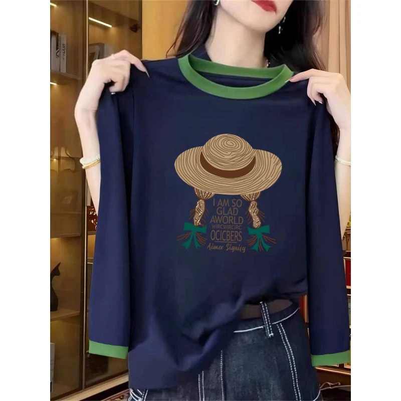 设计感小众撞色正肩长袖T恤女潮2025新款时尚百搭拼色上衣秋冬季