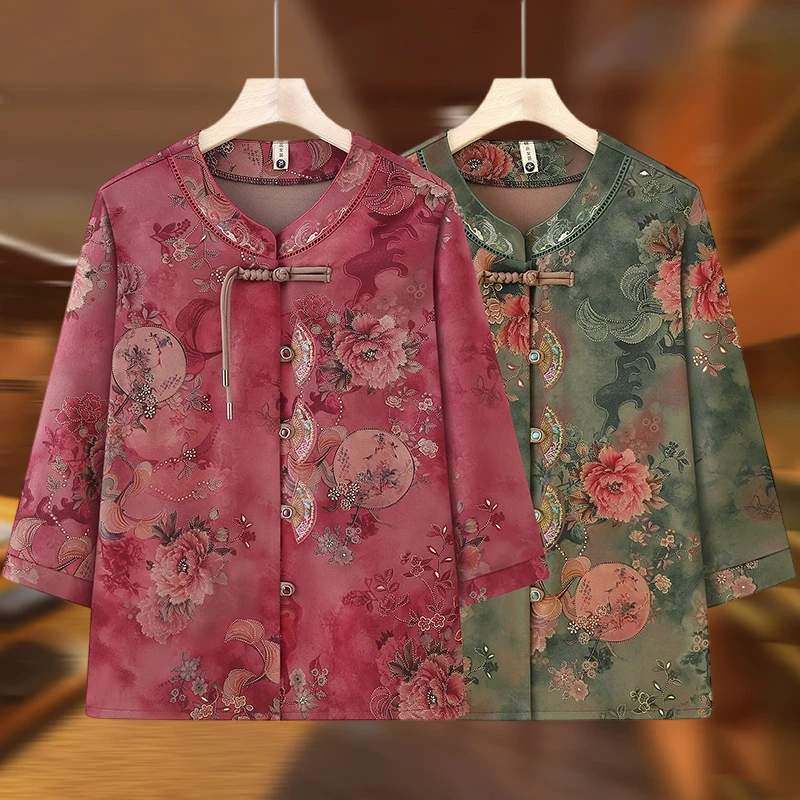 中老年春夏装女老人中式衬衫奶奶七分袖上衣老太太妈妈衬衣套装