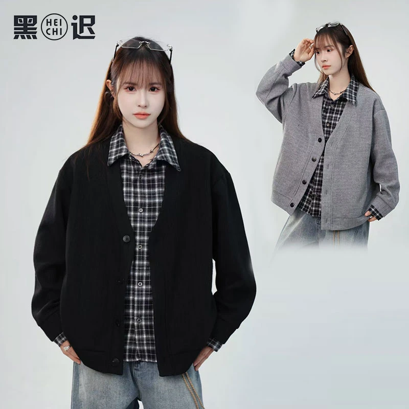 复古日系磨毛格子长袖衬衫假两件男女春秋高级感宽松休闲衬衣外套