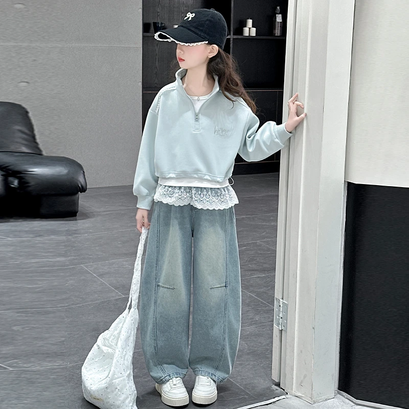 女童春装套装2025新款洋气女大童卫衣外套牛仔弯刀裤休闲三件套潮