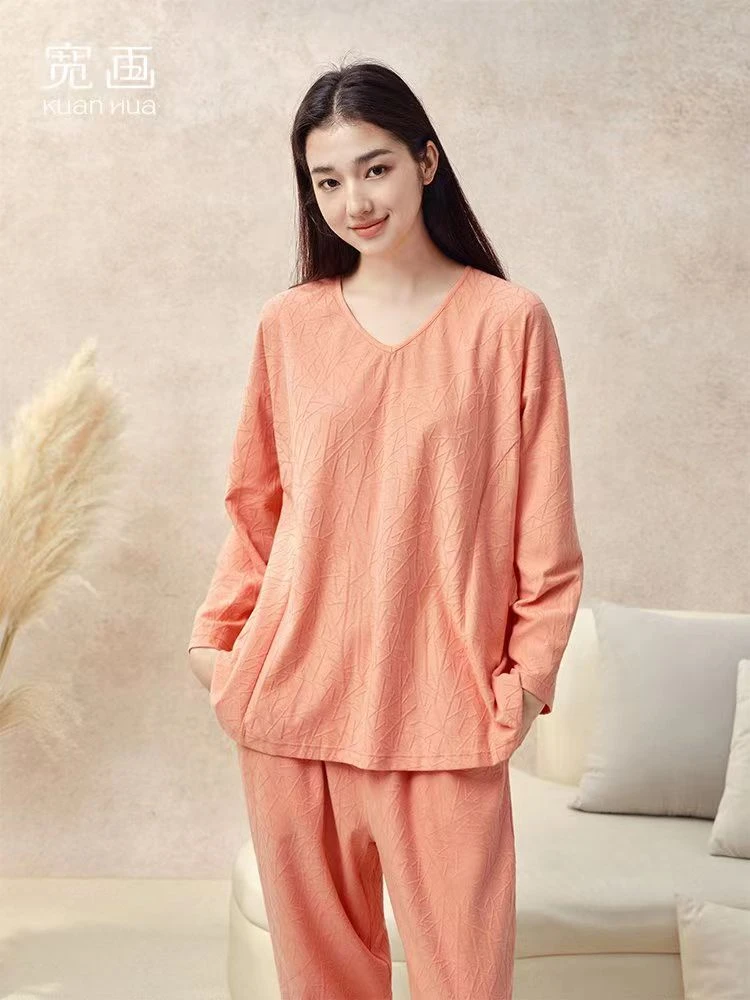 宽画云朵棉舒适弹力V领套头女士家居套装98022