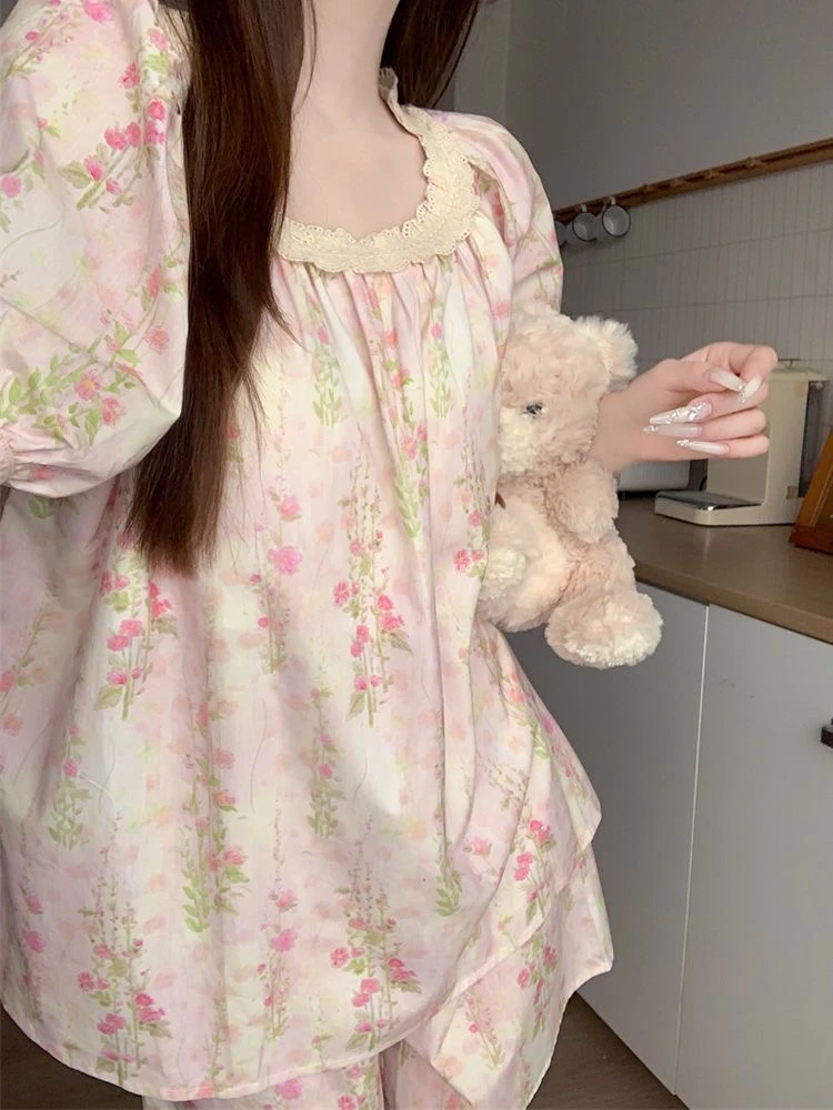 夏天睡衣女碎花新款甜美简约圆领蕾丝短袖短裤套装家居服5042