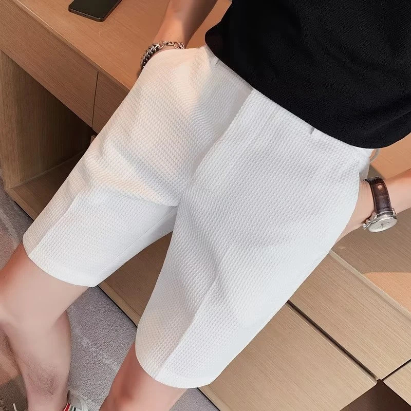 五分裤男士夏季新款修身纯色华夫格休闲西裤中裤小格子短裤男裤子