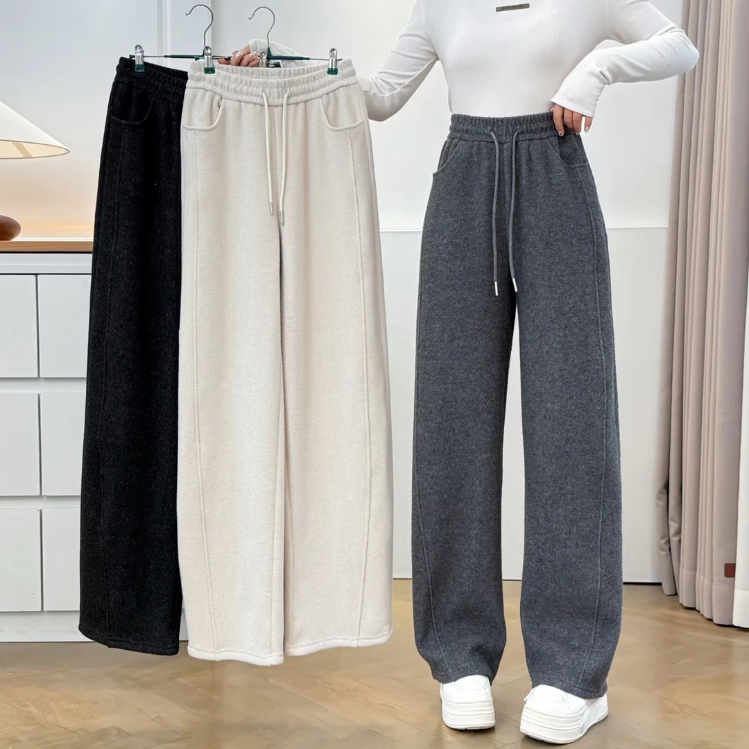 大码女装胖MM冬季加绒加厚松紧高腰宽松弯刀休闲软糯毛呢长裤