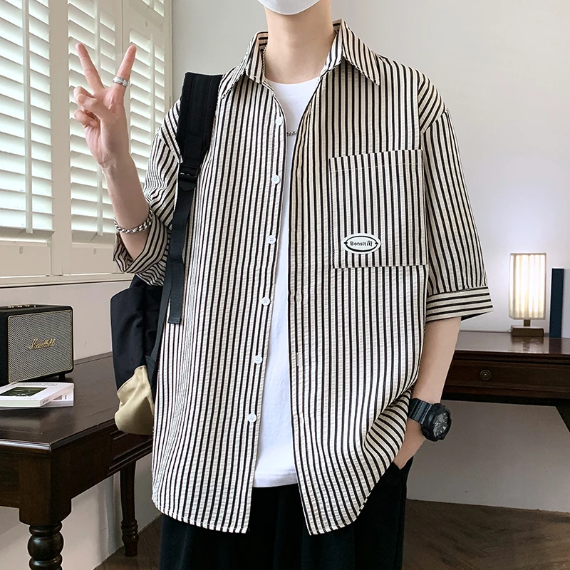 青少年五分短袖衬衫男士夏季薄款青少年港风条纹衬衣潮牌大码男装