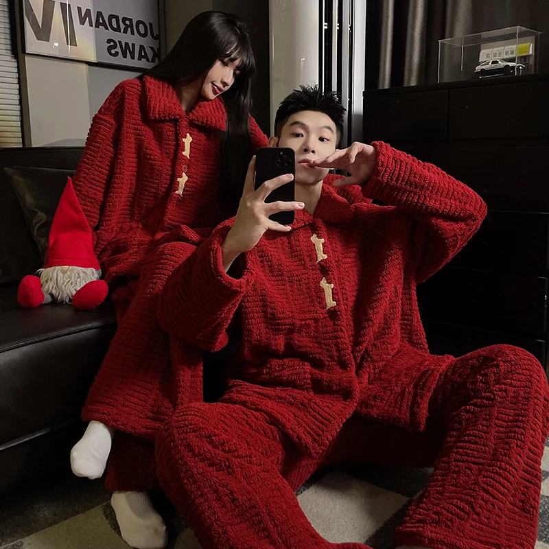 【圣诞专属】新年红色情侣睡衣女秋冬珊瑚绒加厚喜庆男士家居服冬天