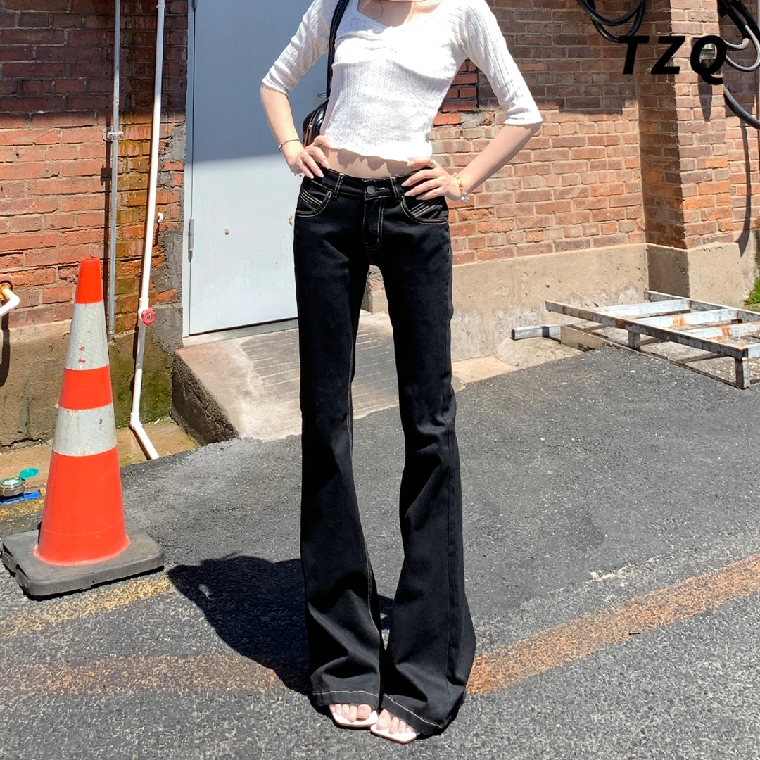 黑色低腰微喇牛仔裤女2025新款辣妹显高显瘦马蹄喇叭裤TZQ2591005