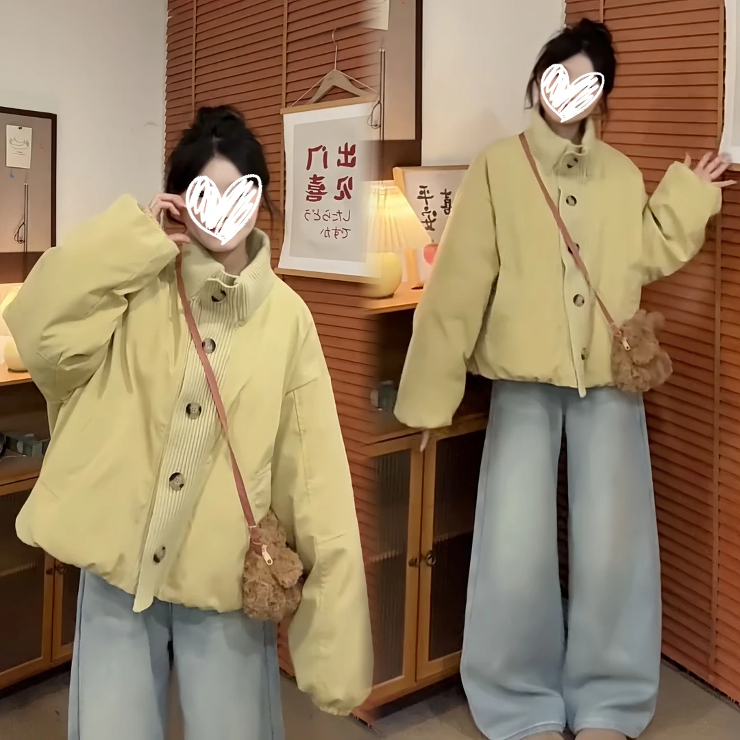 新款大码韩系复古单排扣针织拼接夹棉外套保暖通勤风棒球棉服