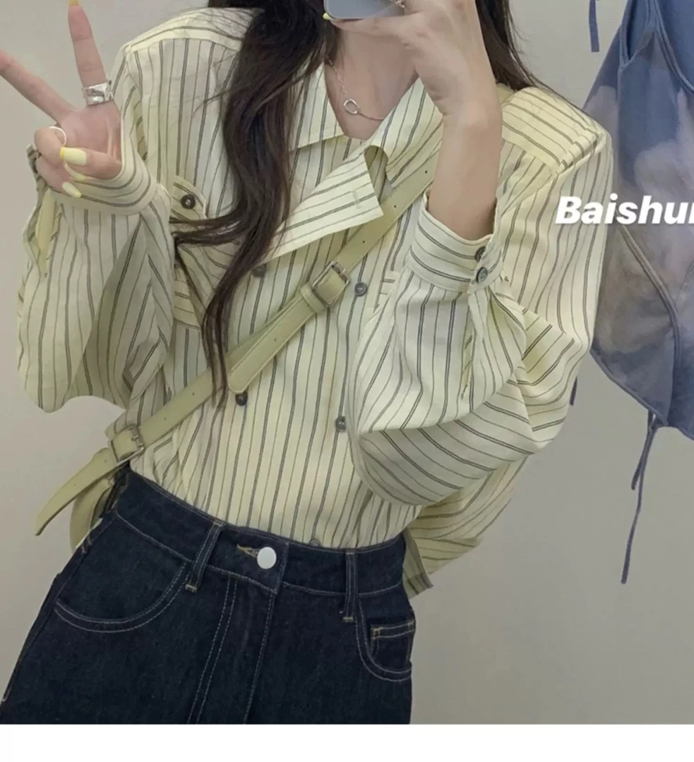 韩系高级感条纹长袖衬衫女春秋装设计感小众通勤衬衣宽松减龄上衣