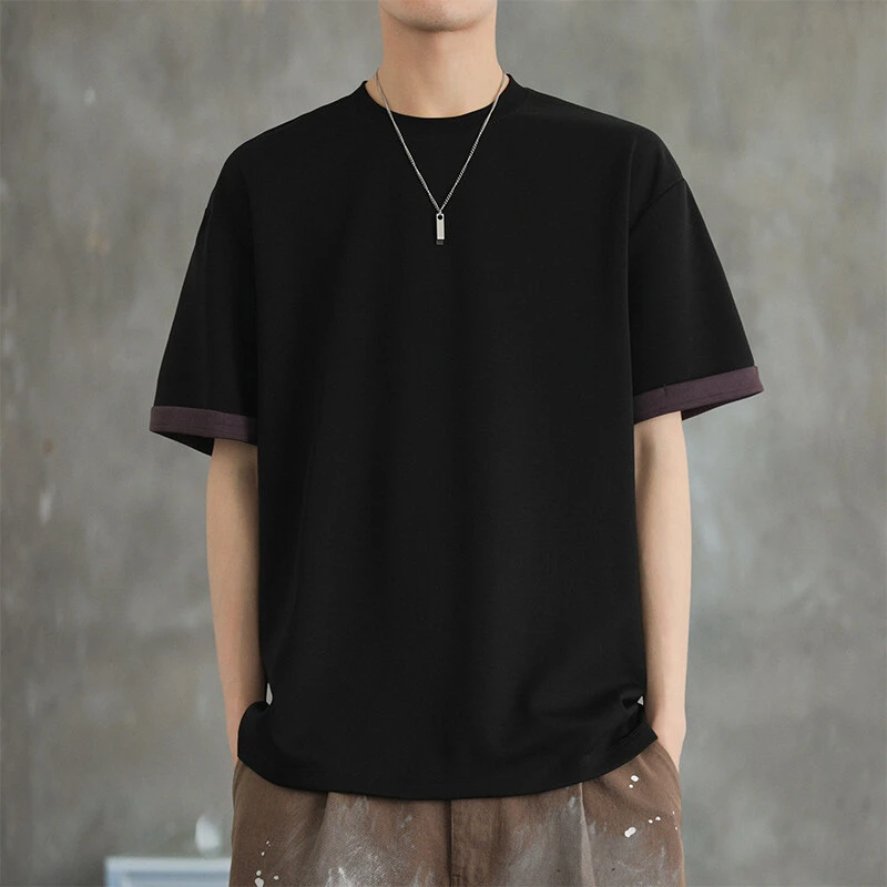 花花公子短袖t恤夏季圆领简约撞色半袖体恤夏天潮流百搭男装上衣