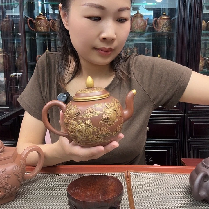 逍***游茶壶紫砂紫砂壶鎏金款五子登科