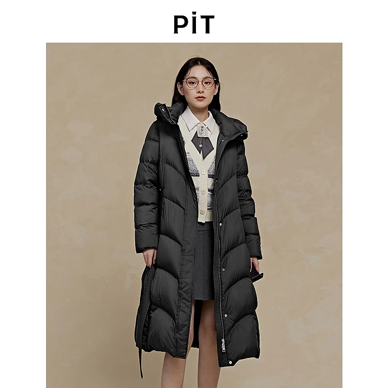 PIT中长款羽绒服加厚黑色女2025冬季新款保暖面包服外套过膝无帽