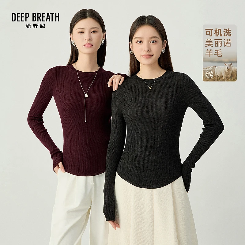 DEEP BREATH深呼吸女装圆领简约大方弧形下摆长袖针织衫A301778