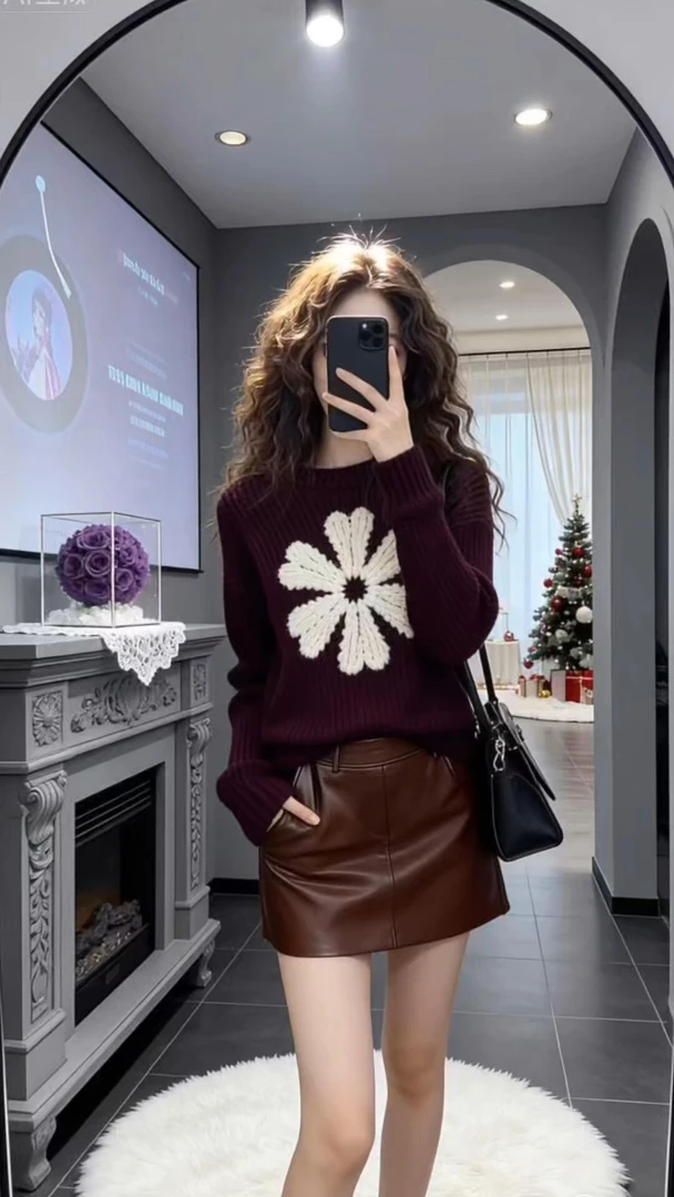 韩系复古美拉德慵懒一整套紫色绣花套头长袖针织衫A字半身裙套装