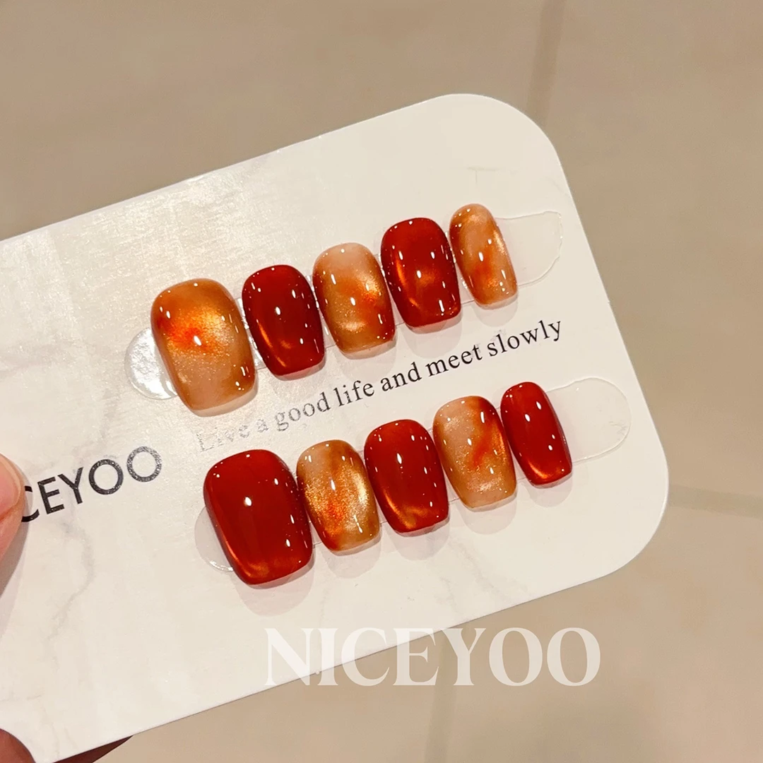 【红茶拿铁】高级显白红色晕染猫眼纯手工穿戴甲成品美甲贴片