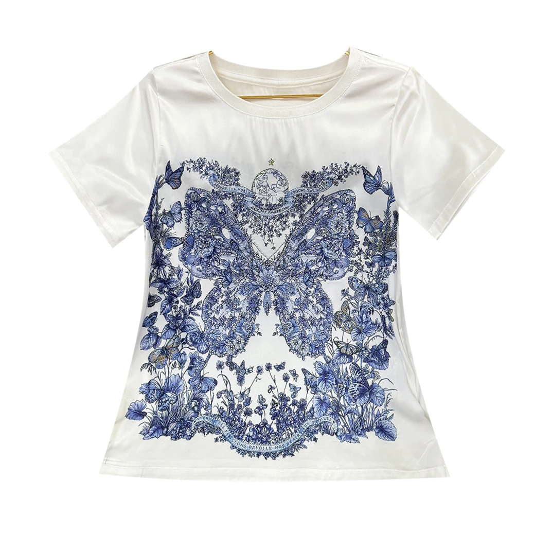 【久久高奢】‘’蝴蝶公园‘’烫钻桑蚕丝上衣 欧货闪钻印花短T恤女夏