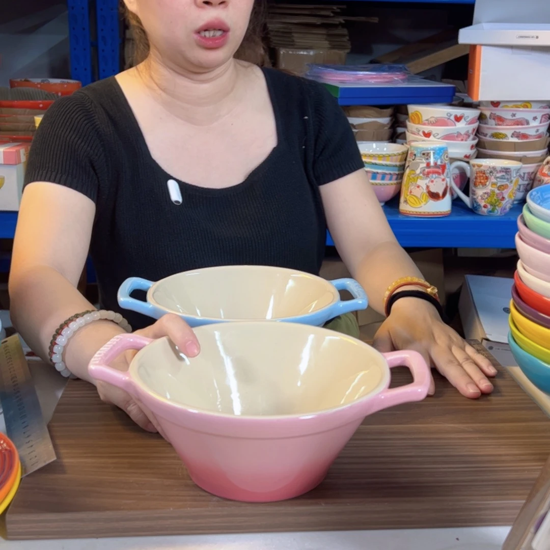 陶瓷粉色双耳面碗