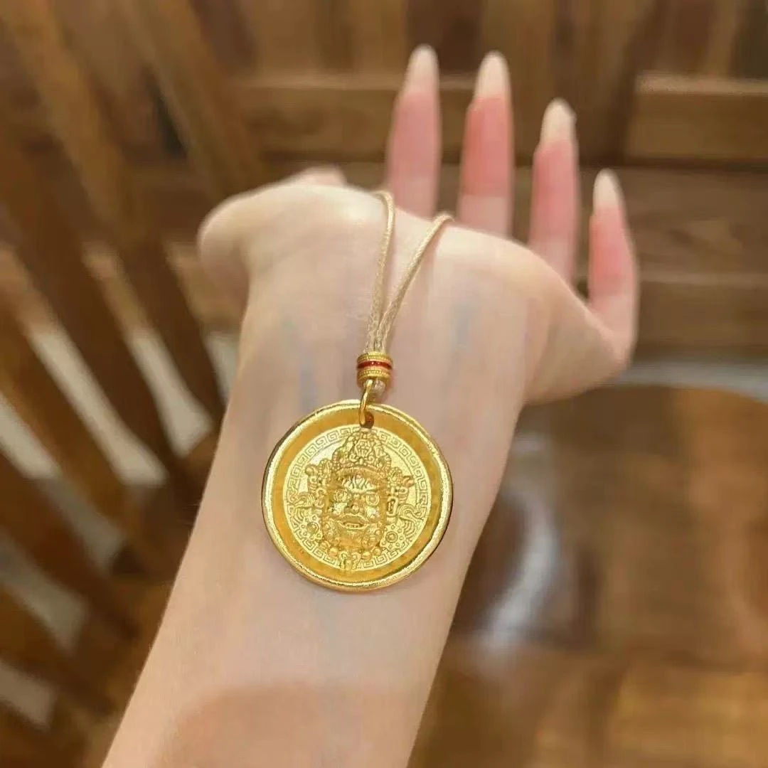 铜合金吊坠 新中式黄财神圆牌吊坠编绳项链精致毛衣链