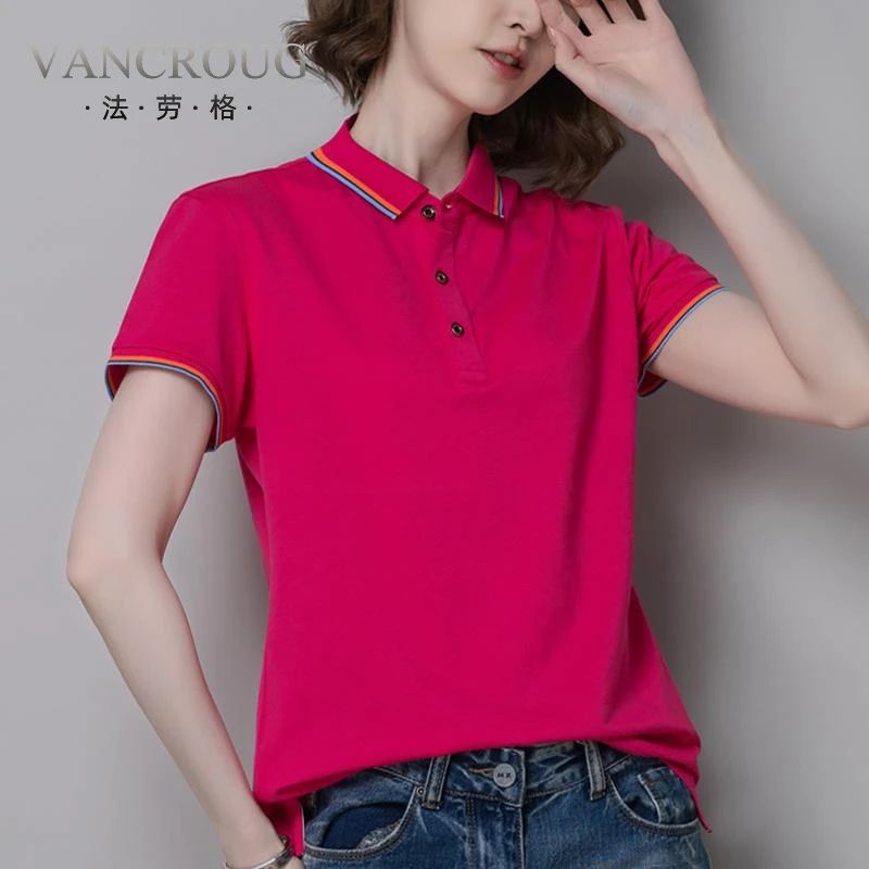 法劳格短袖工作服棉t恤女夏季条纹翻领POLO衫宽松团温婉大方衣服